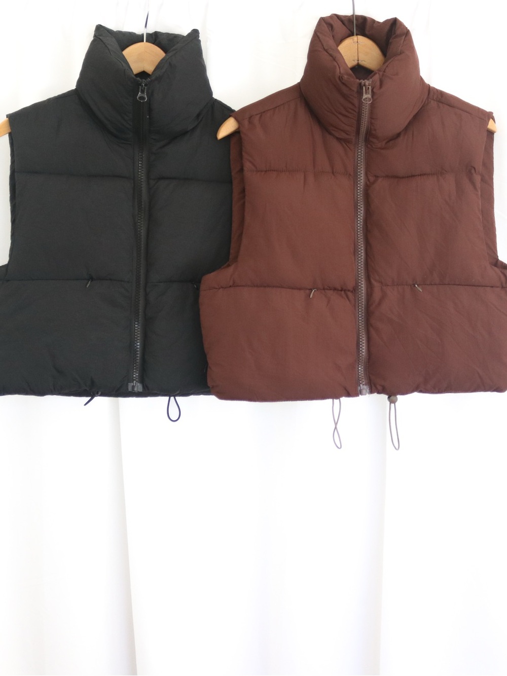 Chocolate Brown & Black Cropped Stand Up Collar Minimalist Y2K Puffer Vests